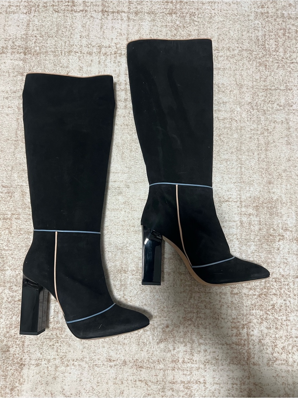 Mellani Gianni Black Suede Knee-High Heel Boots with Contrast Piping 41